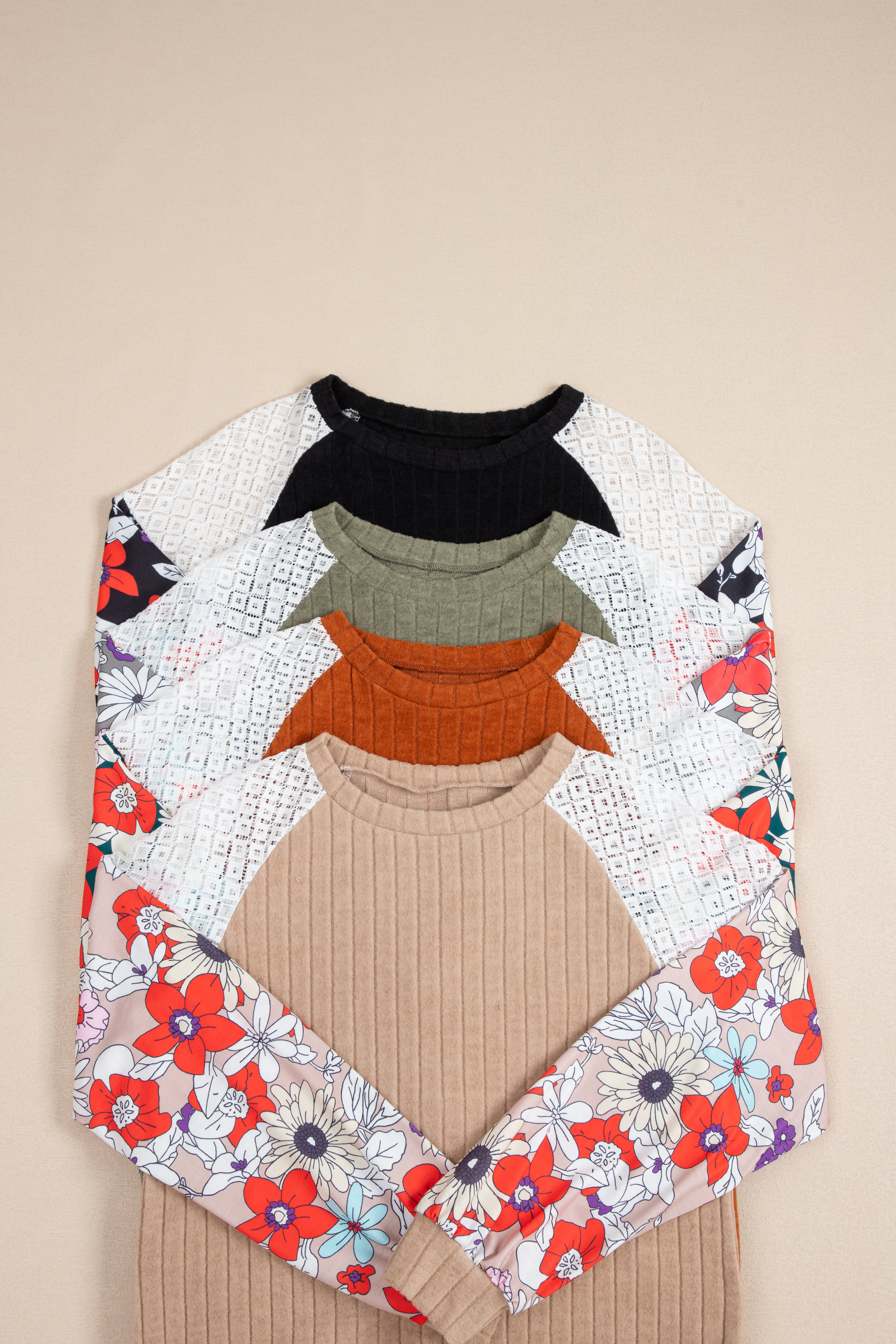 Black Floral Color Block Long Sleeve Textured Shirt