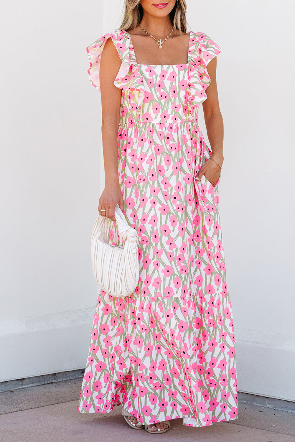 Pink Floral Print Square Neck Ruffled Maxi Sun Dress