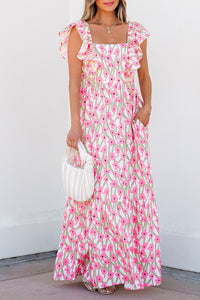 Pink Floral Print Square Neck Ruffled Maxi Sun Dress