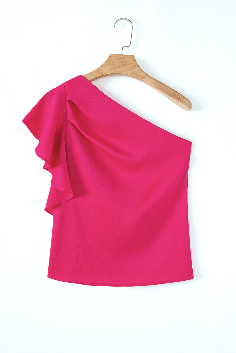 Fuchsia Pink Asymmetric One Shoulder Ruffle Sleeve Blouse