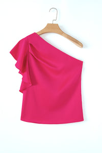 Fuchsia Pink Asymmetric One Shoulder Ruffle Sleeve Blouse
