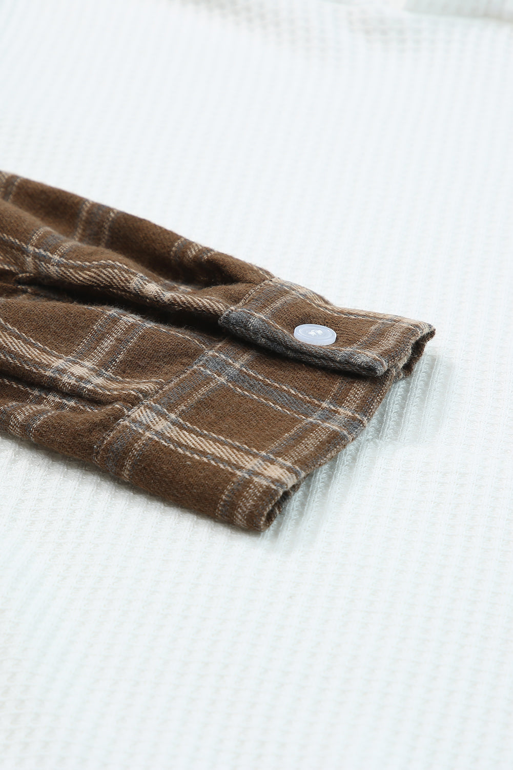 Brown Plaid and White Color Block Waffle Knit Hoodie