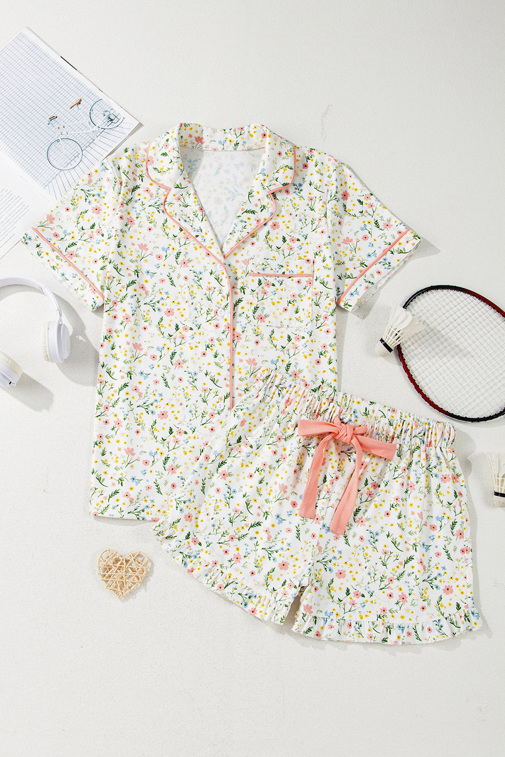White Spring Floral Pink Contrast Button Up Top and Shorts Pajama Lounge Set