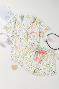 White Spring Floral Pink Contrast Button Up Top and Shorts Pajama Lounge Set