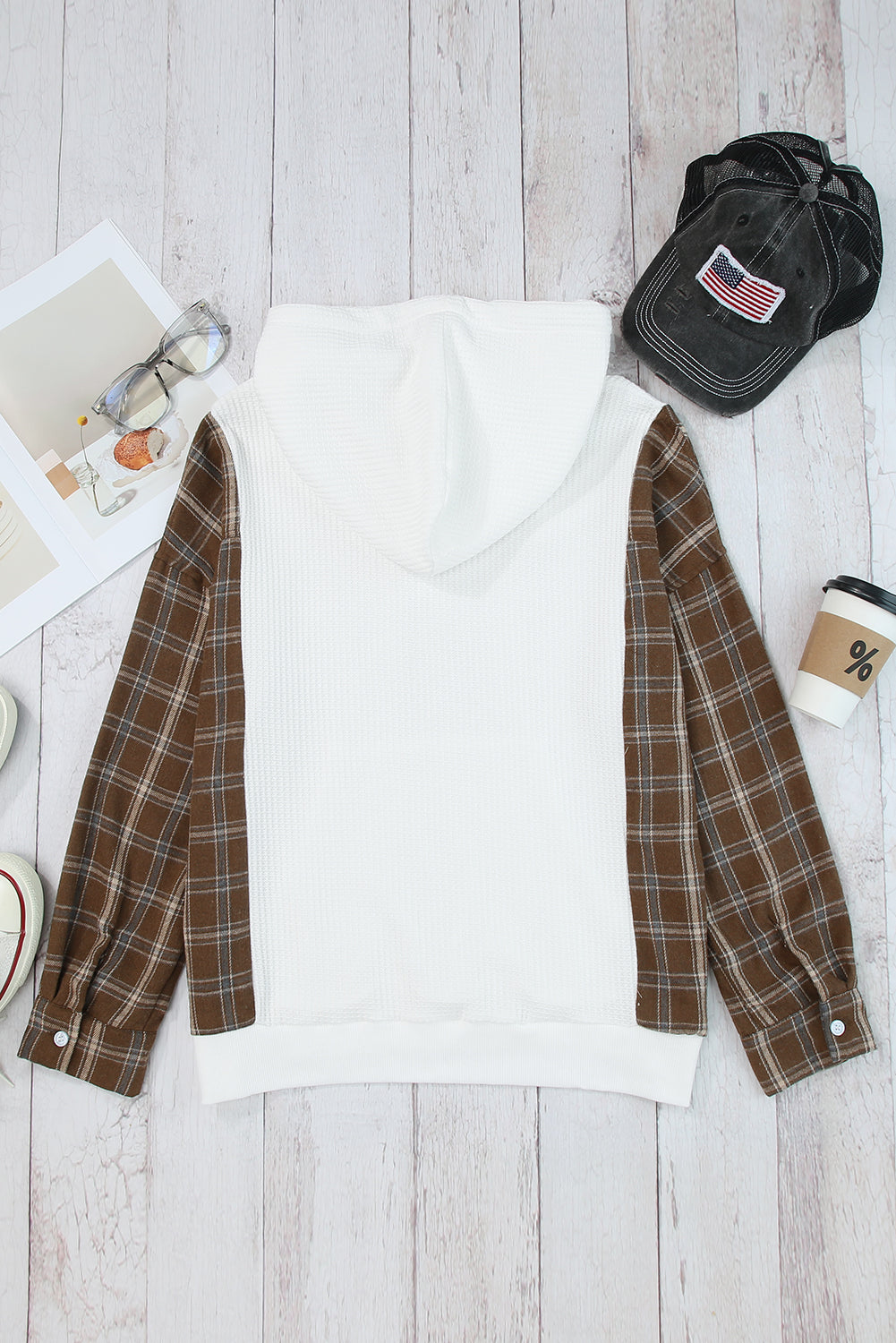 Brown Plaid and White Color Block Waffle Knit Hoodie