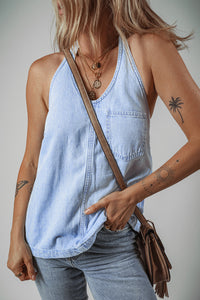 Light Wash V-Neck Lightweight Denim Halter Tank Top