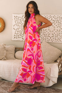 Pink and Orange Abstract Printed High Neck Halter Maxi Dress
