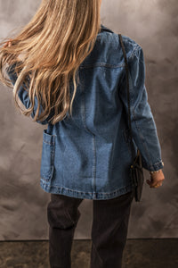Medium Wash Side Pockets Lapel Collar 2-Button Denim Jacket