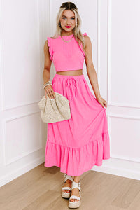 Pink Textured Ruffle Crop Top and Long Skirt Two Piece Set
