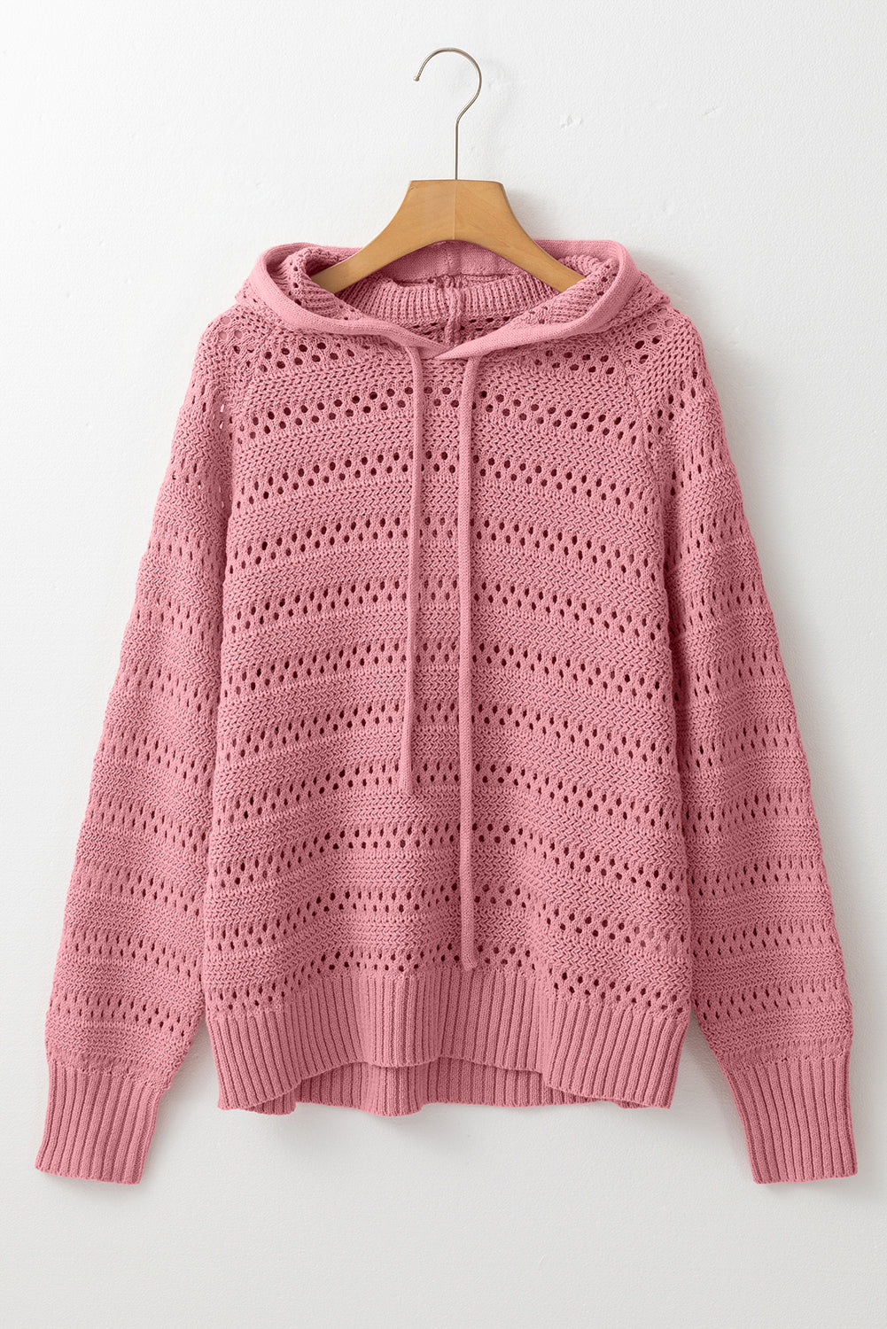 Mauve Pointelle Knit Raglan Sleeve Hooded Sweater