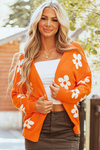 Orange Floral Print Open Front Loose Knit Lightweight  Cardigan Sweater