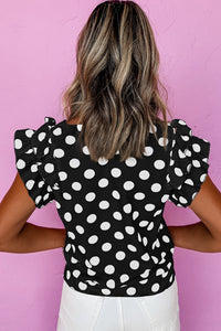 Polka Dot Print V-Neck Ruffled Flutter Sleeve Blouse
