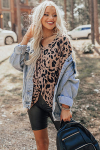 Brown Leopard Print V-Neck Half Sleeve Oversized Tee