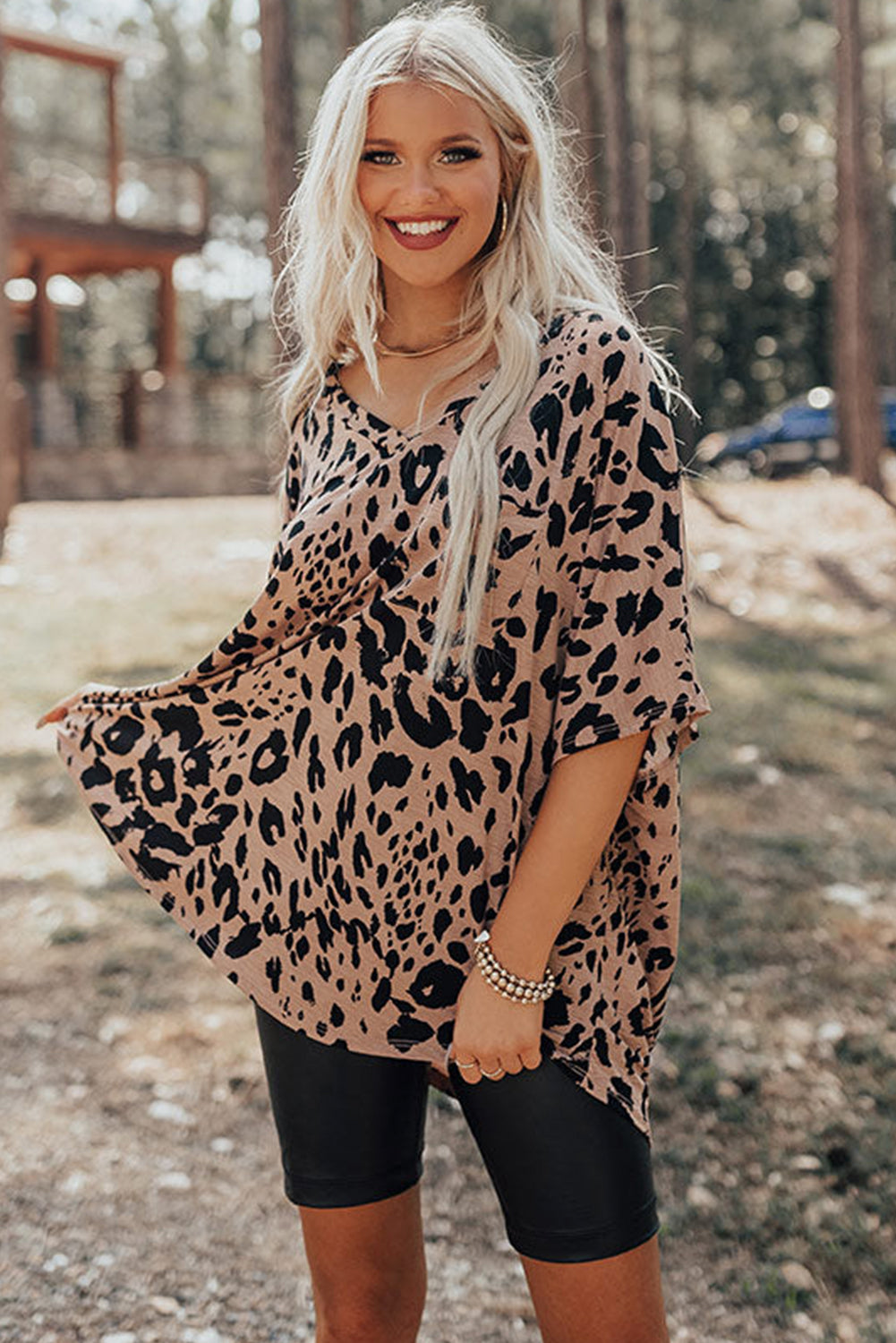 Brown Leopard Print V-Neck Half Sleeve Oversized Tee