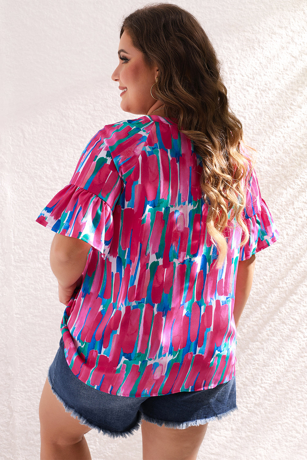 Pink Plus Size Brushstroke Ruffle Sleeve Button V-Neck Blouse