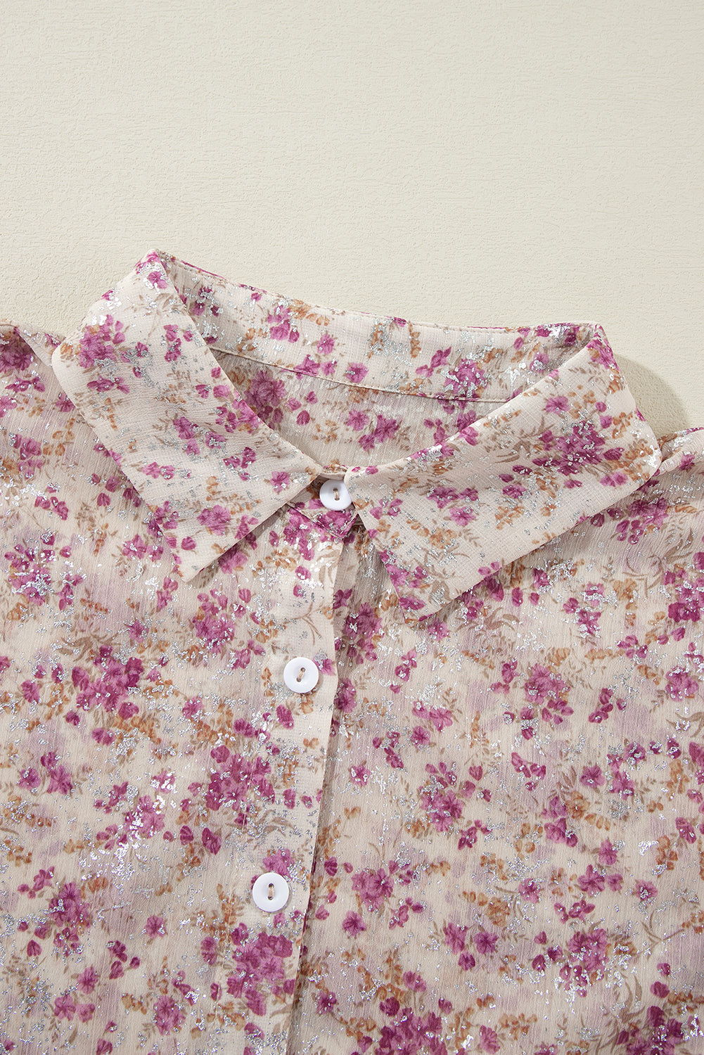 Pink Floral Silver Accent Print Bishop Sleeve Collared V-Neck Blouse