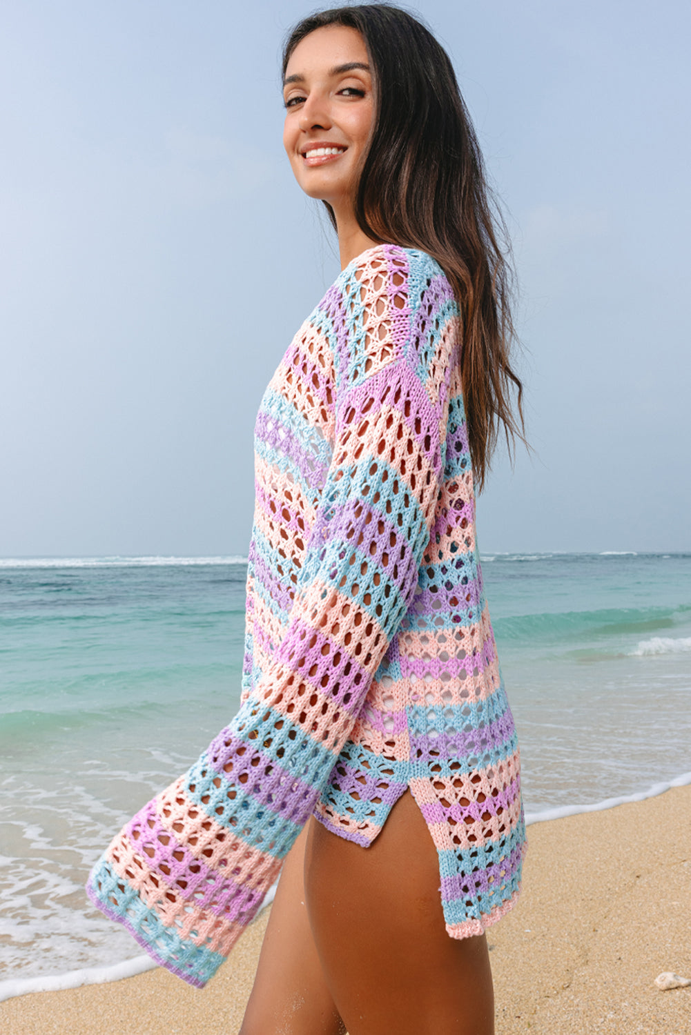 Summer Vibe Multi-Color Stripe Open Knit Sweater Beach Cover Up