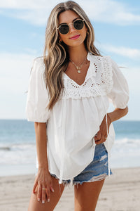 White Eyelet V-Neck Tie Puff Short Sleeve Cotton Blouse