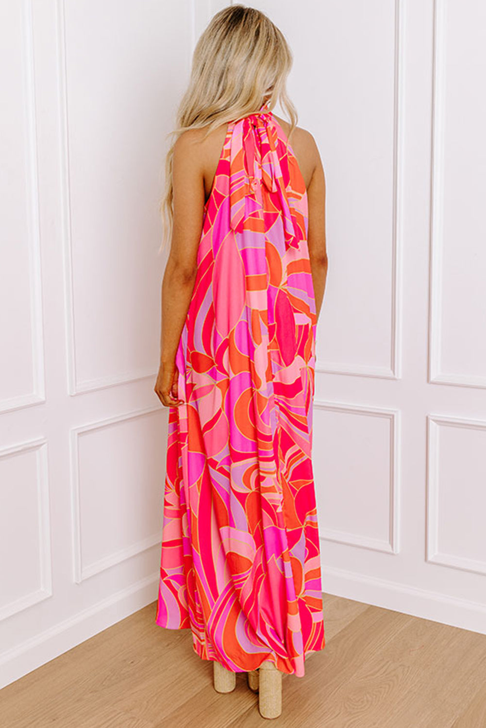 Pink and Orange Abstract Printed High Neck Halter Maxi Dress