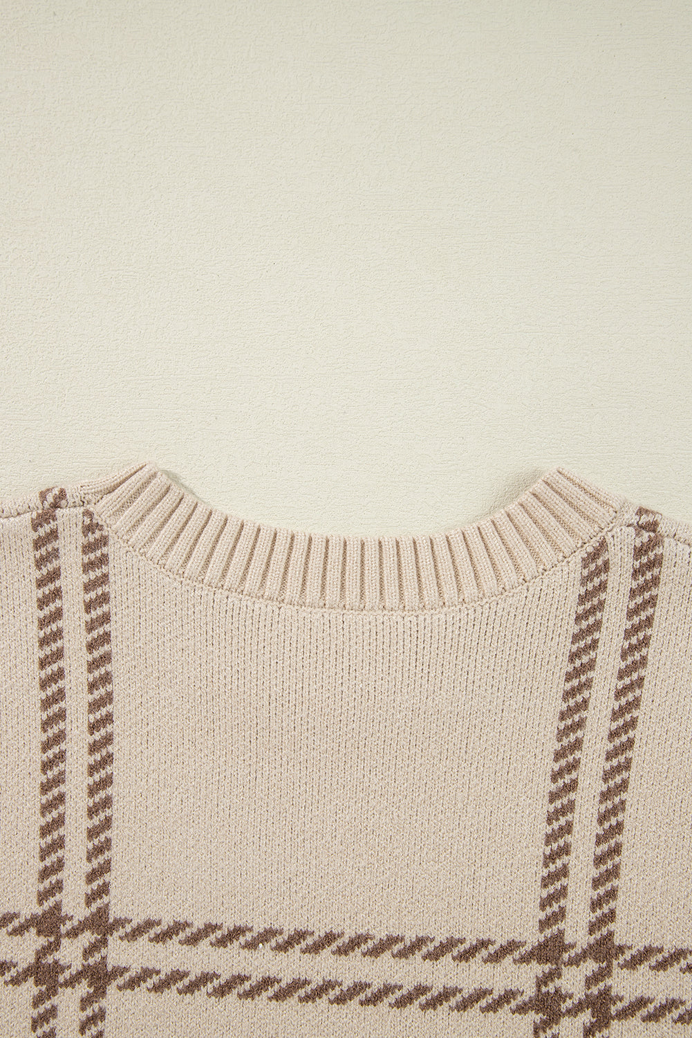 Beige Window Pane Plaid Drop Shoulder Knit Sweater