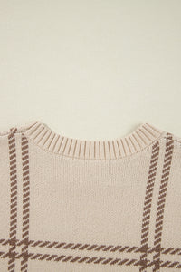 Beige Window Pane Plaid Drop Shoulder Knit Sweater