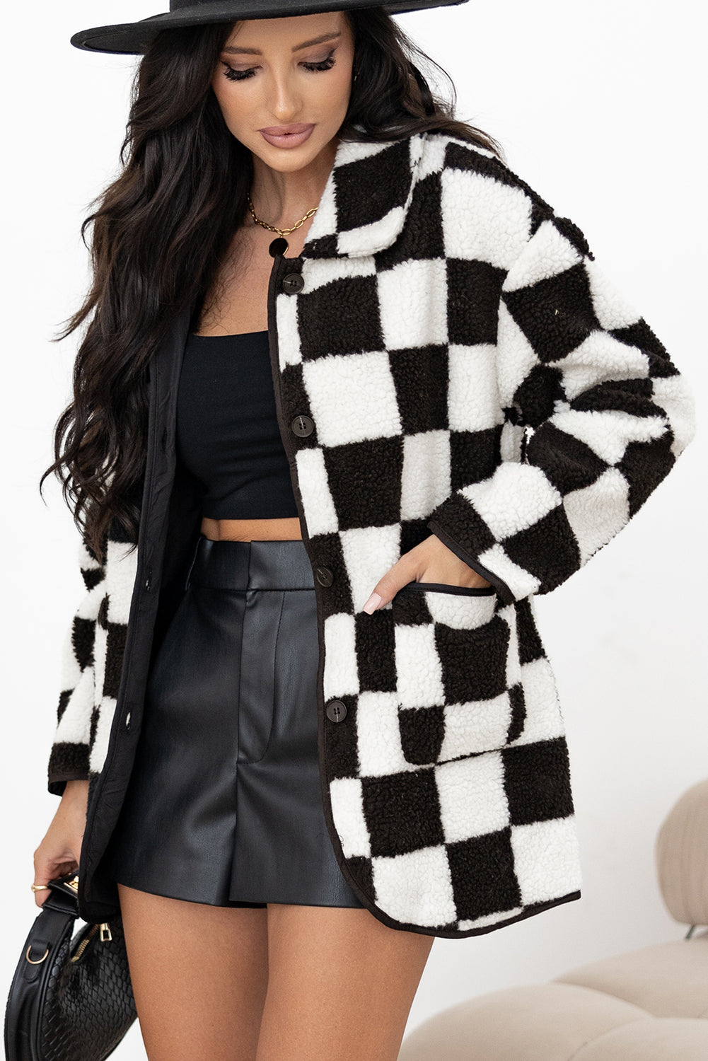 Black and White Checkered Button Up Collard Fleece Coat