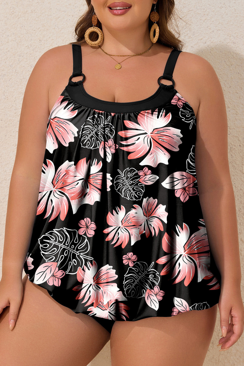 Plus Size Black Pink Floral Wide Strap Tankini Set