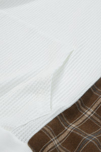 Brown Plaid and White Color Block Waffle Knit Hoodie