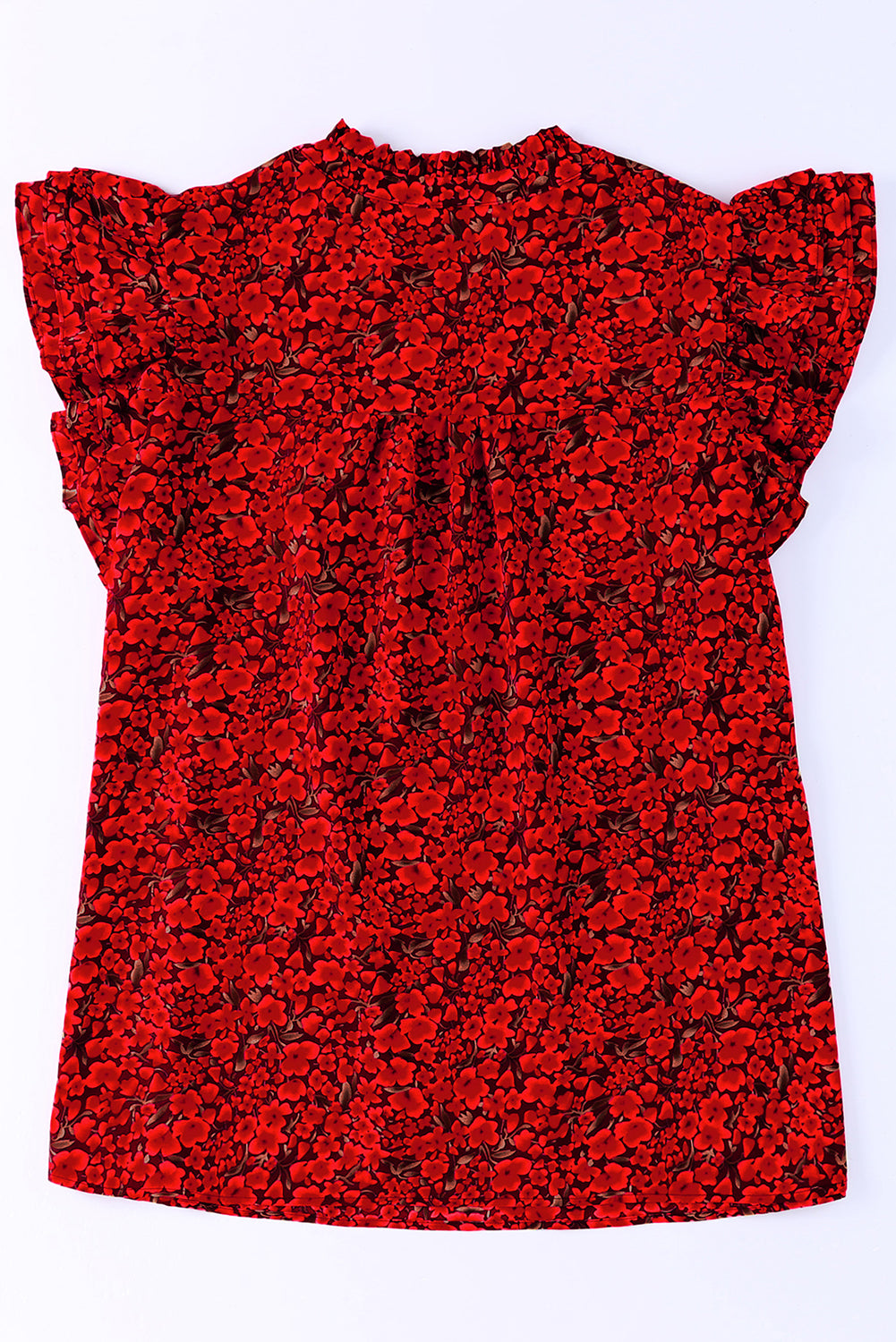Red Black Mini Floral Print Ruffly Flutter Sleeve Plus Size Blouse