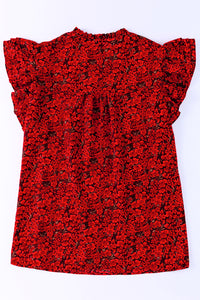 Red Black Mini Floral Print Ruffly Flutter Sleeve Plus Size Blouse