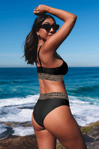 Black with Leopard Mesh Trim 2-Piece Bikini Swimsuit
