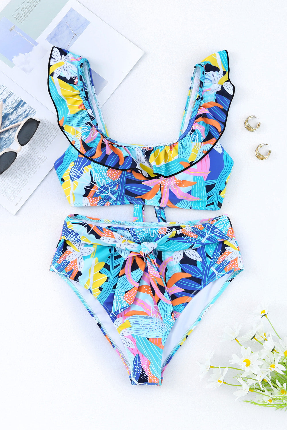 Caribbean Blue Tropical Print Ruffled Square Neck High Waist Swimsuit