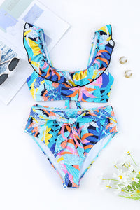 Caribbean Blue Tropical Print Ruffled Square Neck High Waist Swimsuit