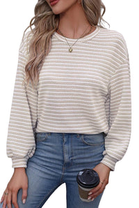 Khaki Stripe Round Neck Long Sleeve Textured Knit Top