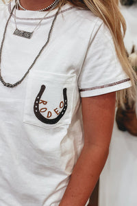 White RODEO Horseshoe Embroidered Chest Pocket Tee