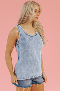 Mineral Wash Denim Frayed  Scoop Neck Tank Top