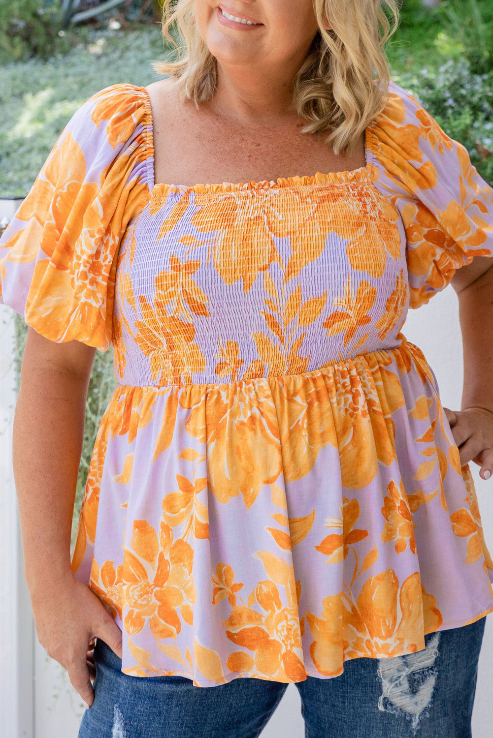 Purple and Orange Floral Puff Sleeve Square Neck Smocked Plus Size Babydoll Blouse