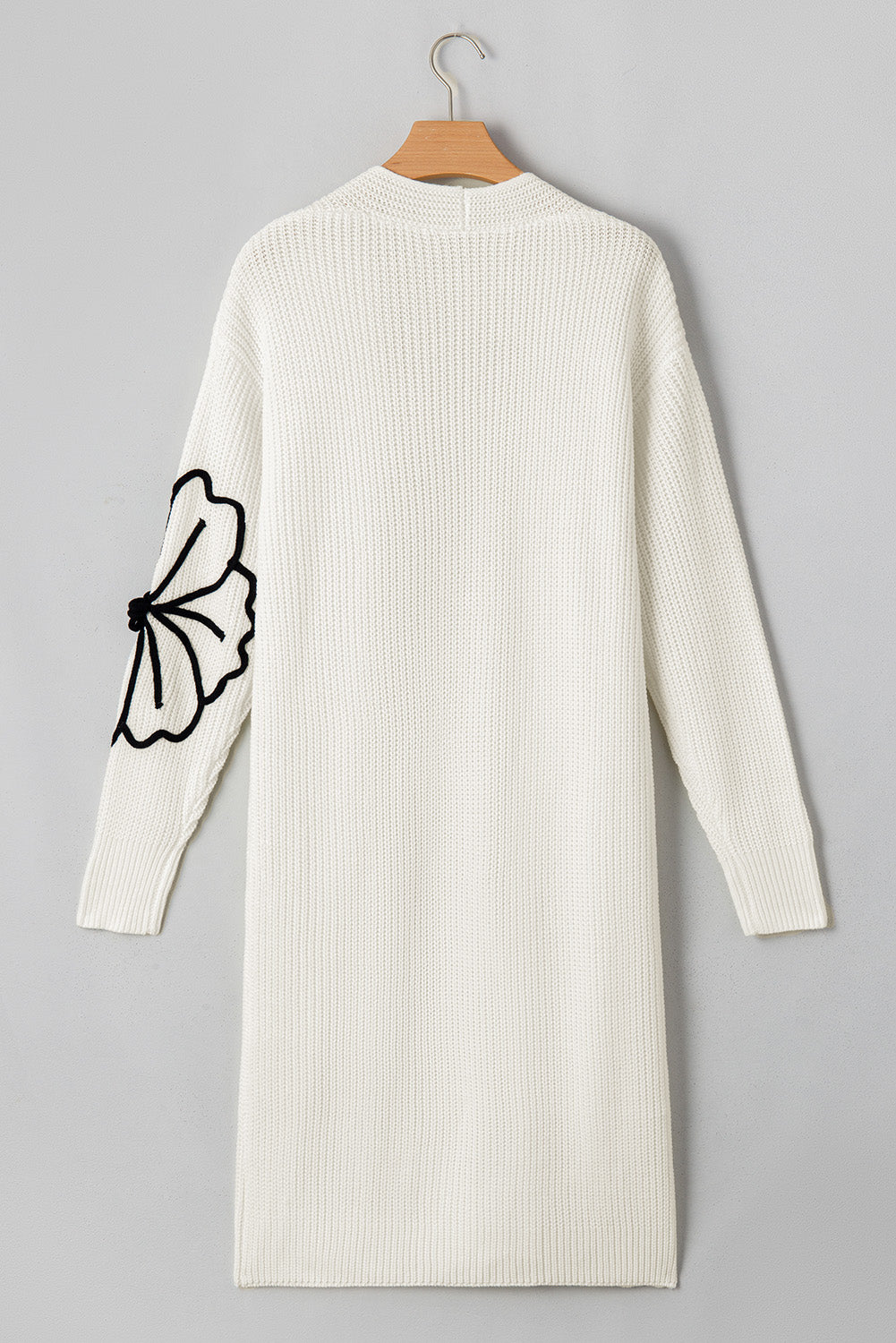 White with Black Floral Embroidered Drop Shoulder Open Front Duster Cardigan