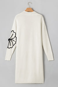 White with Black Floral Embroidered Drop Shoulder Open Front Duster Cardigan