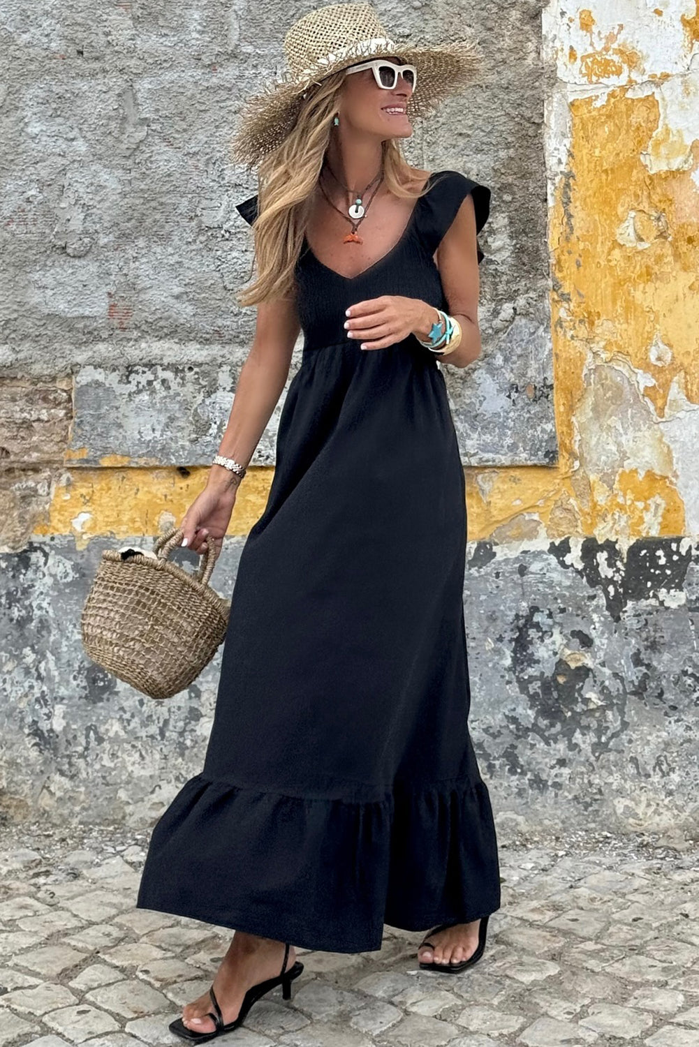 V-Neck Flutter Sleeve Smocked High Waist Ruffle Maxi Dress with Pockets