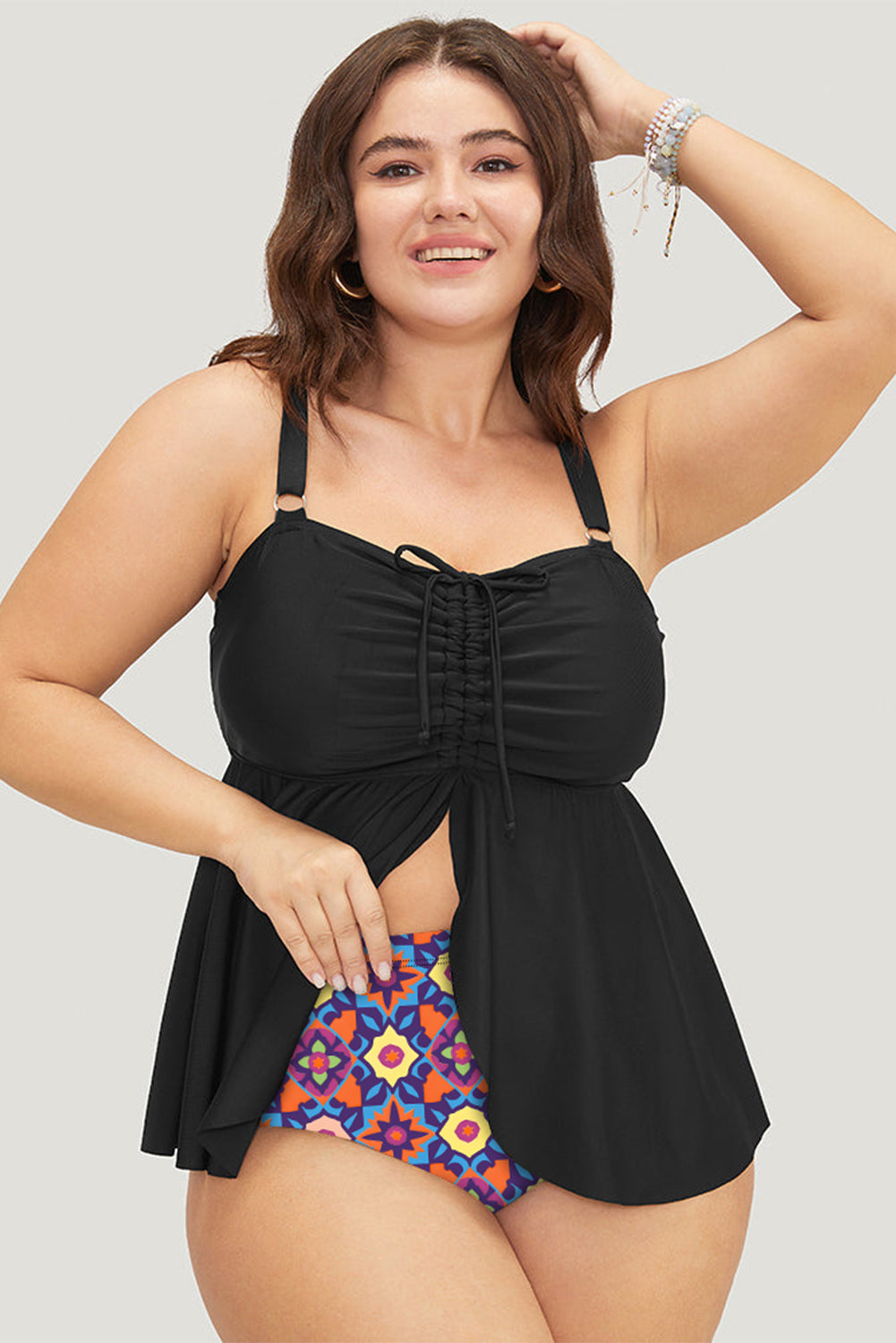 Plus Size Black Ruched Babydoll Tankini with Geometric Print Bottom 2-Pc. Swimsuit