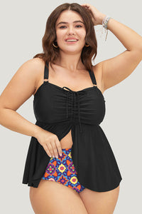 Plus Size Black Ruched Babydoll Tankini with Geometric Print Bottom 2-Pc. Swimsuit