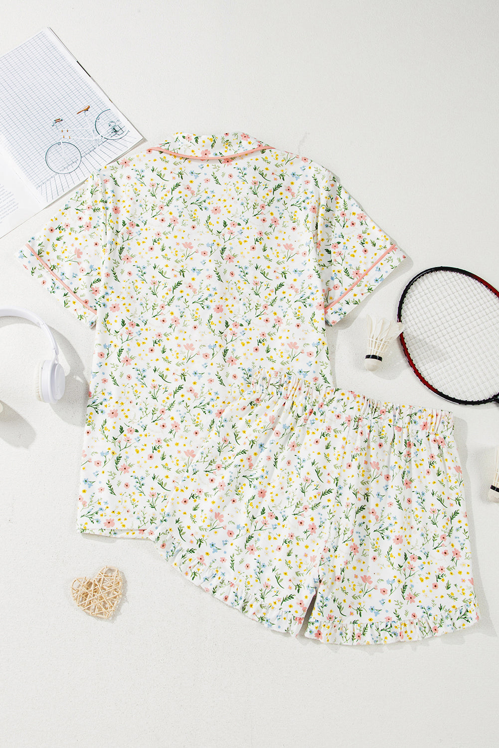 White Spring Floral Pink Contrast Button Up Top and Shorts Pajama Lounge Set