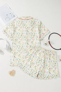 White Spring Floral Pink Contrast Button Up Top and Shorts Pajama Lounge Set