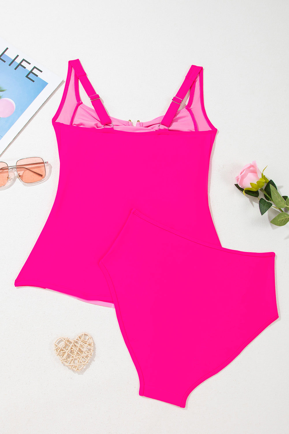 Fuchsia Pink Color Block Ruched Tankini 2-Pc. Swimsuit
