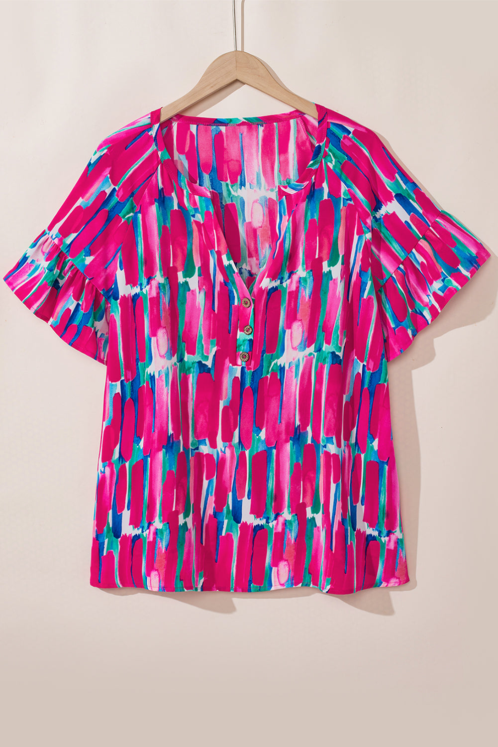 Pink Plus Size Brushstroke Ruffle Sleeve Button V-Neck Blouse