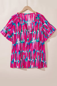 Pink Plus Size Brushstroke Ruffle Sleeve Button V-Neck Blouse