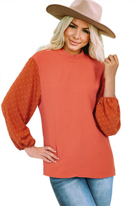 Russet Orange Swiss Dot Balloon Sleeve Mock Neck Blouse
