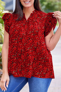 Red Black Mini Floral Print Ruffly Flutter Sleeve Plus Size Blouse
