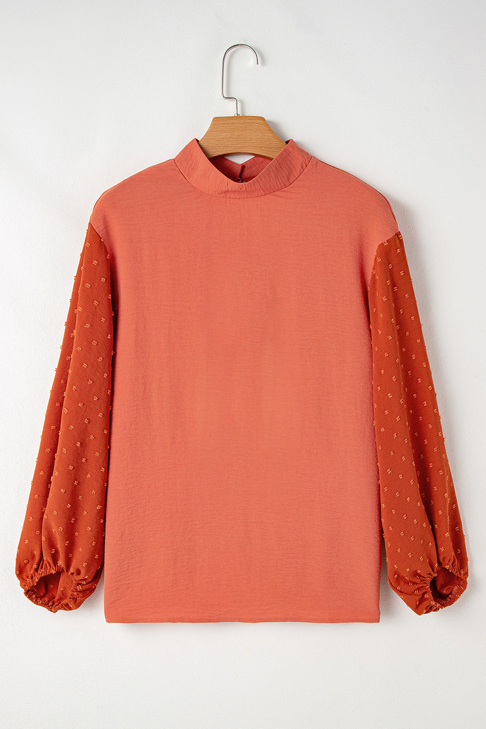Russet Orange Swiss Dot Balloon Sleeve Mock Neck Blouse